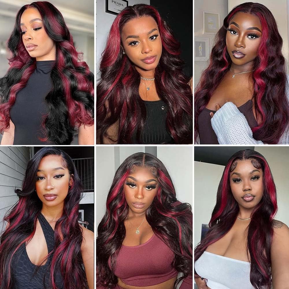 1B/99J Ombre Burgundy Skunk Stripe Wig Lace Front Human Hair 13X6 Black and Red Lace Front Wig Body Wave Red Highlight Wig Human Hair With Baby Hair 150% Density (18inch, 13X6 Ombre Red Highlight)