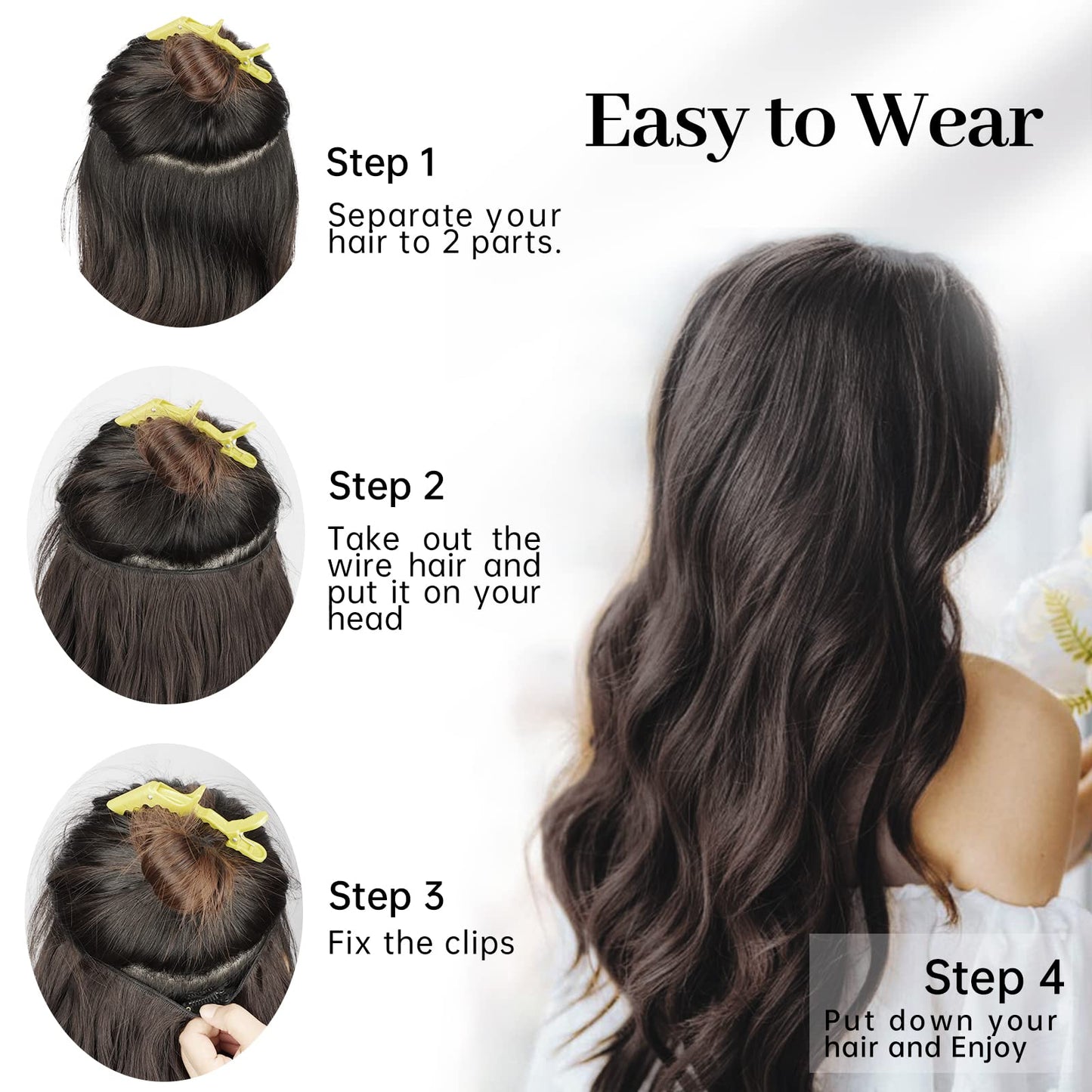 KooKaStyle Invisible Wire Hair Extensions with Transparent Wire Headband Adjustable Size 4 Secure Clips Silver Grey Blonde Long Wavy Hairpiece for Women