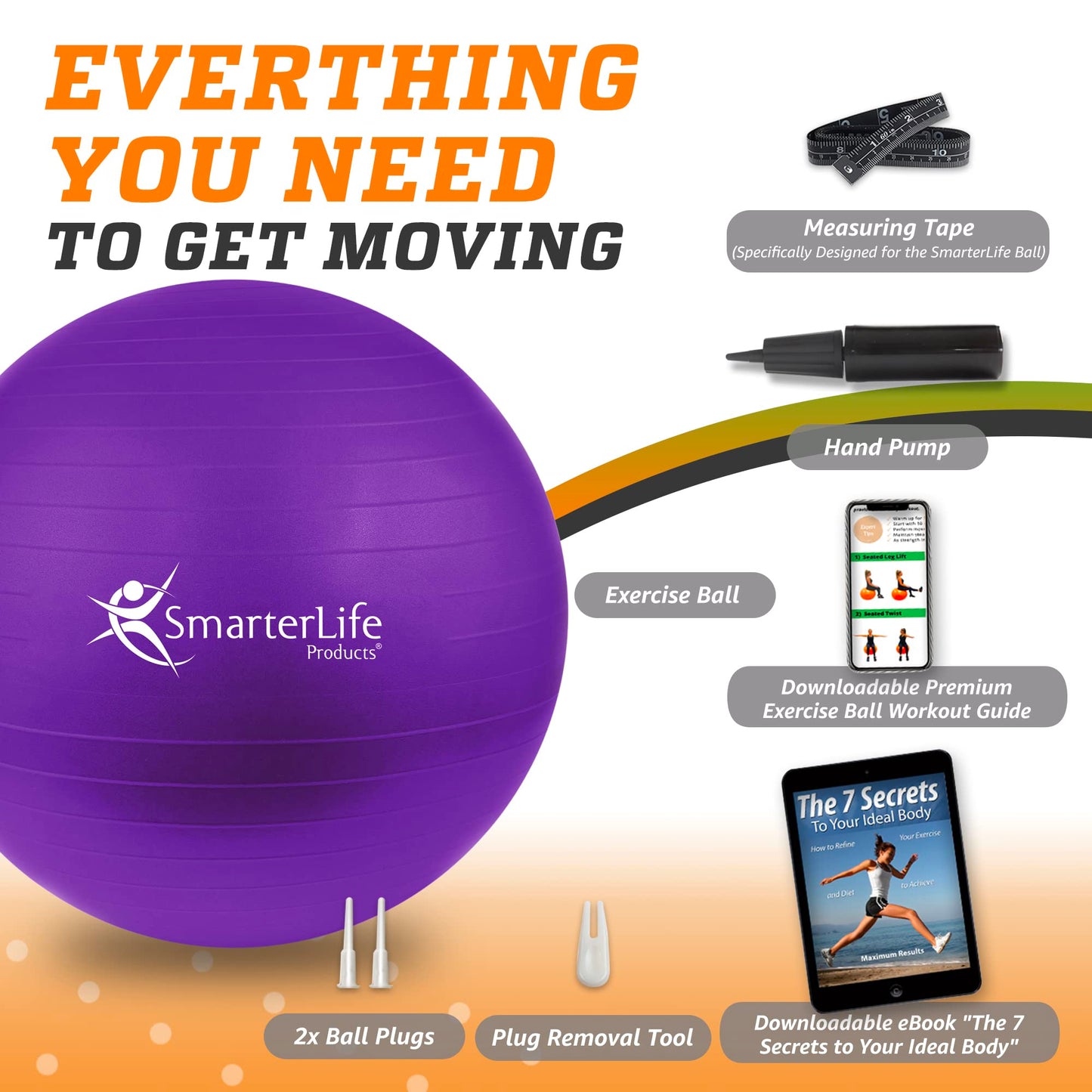 SmarterLife Workout Exercise Ball for Fitness, Yoga, Balance, Stability, or Birthing, Great as Yoga Ball Chair for Office or Exercise Gym Equipment for Home, Non-Slip Design (45 cm, Purple)