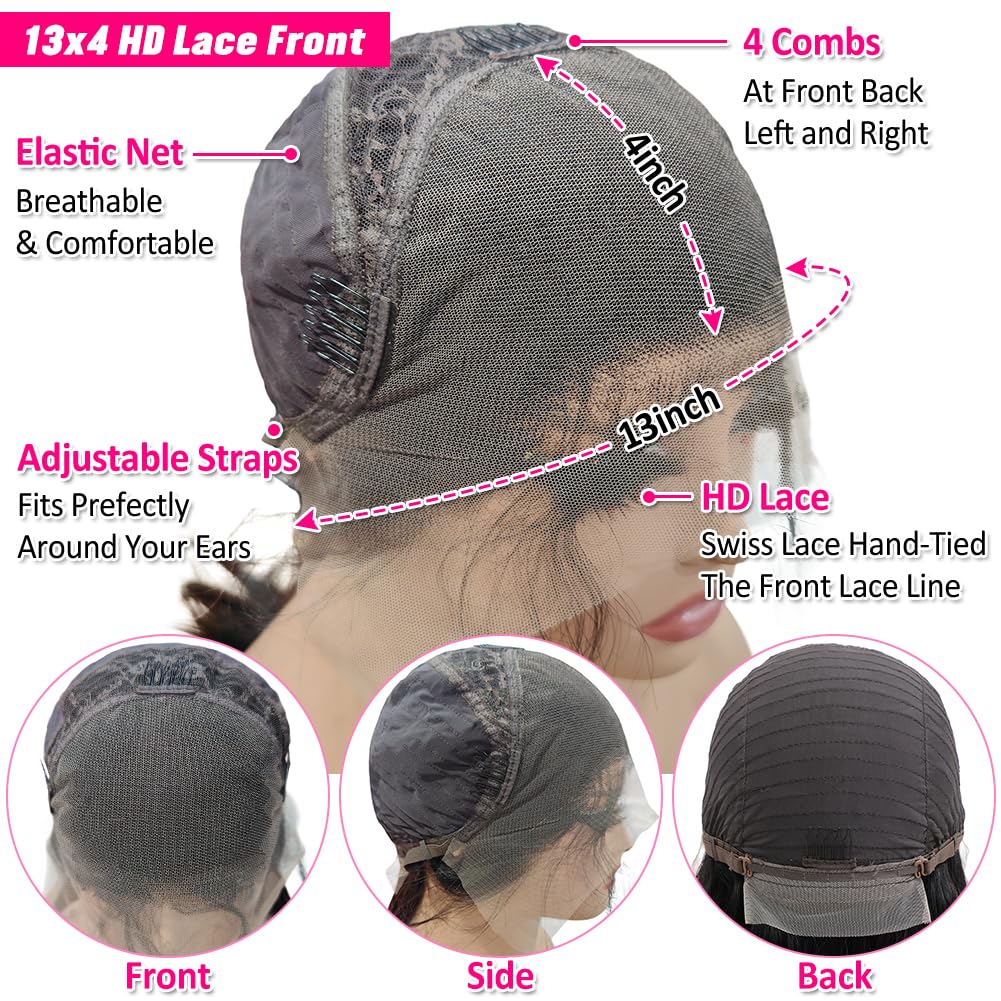 Pizazz 220% Density Glueless Deep Wave Human Hair Wigs for Black Women 13x4 HD Transparent Lace Front Wigs Human Hair With Baby Hair Natural Hairline Natural Color(24 Inch)