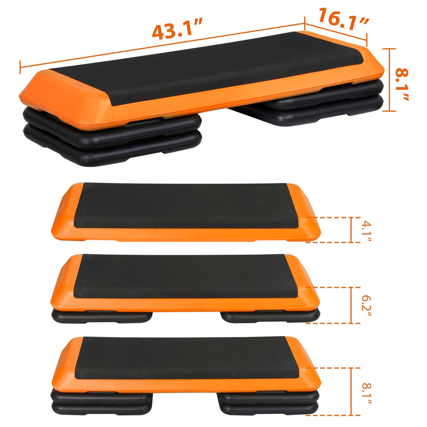 Oteymart 43'' Exercise Step Platform 3 Levels Adjustable Aerobic Stepper with 4 Extra Risers and Anti Slip Surface, Training Workout Equipment for Home&Gym Cardio Strength & Training, Orange