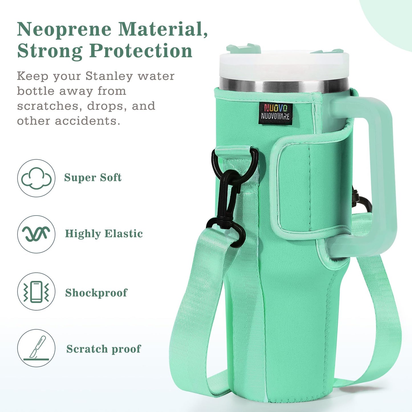 Nuovoware Water Bottle Carrier Bag Fits Stanley 40 Oz Tumbler with Handle, Water Bottle Bag with Adjustable Shoulder Strap, Neoprene Water Bottle Holder for Stanley Water Bottle Accessories, Teal