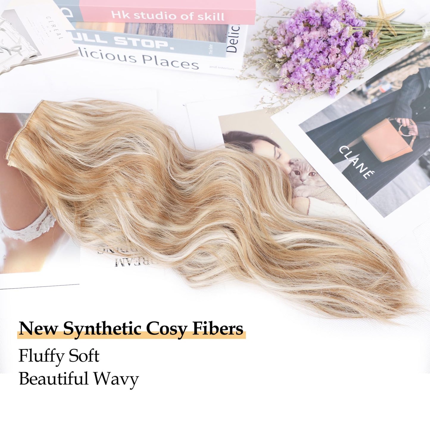 Synthetic Clip in Hair Extensions 20 Inch Caramel Brown Mixed Honey Blonde Hair Extensions for Women 4PCS Highlights Hairpieces for Women Long Wavy Hair Extensions Clip Ins (20INCH, P22/60A)