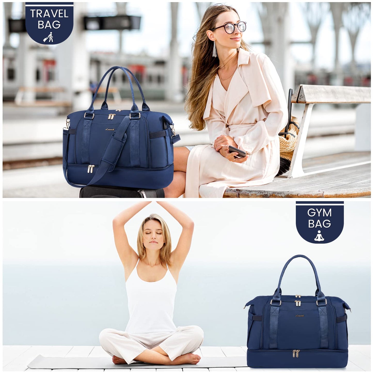 Gym Bag for Women LOVEVOOK Travel Duffel Bag with USB Charging Port, Navy Blue, Medium