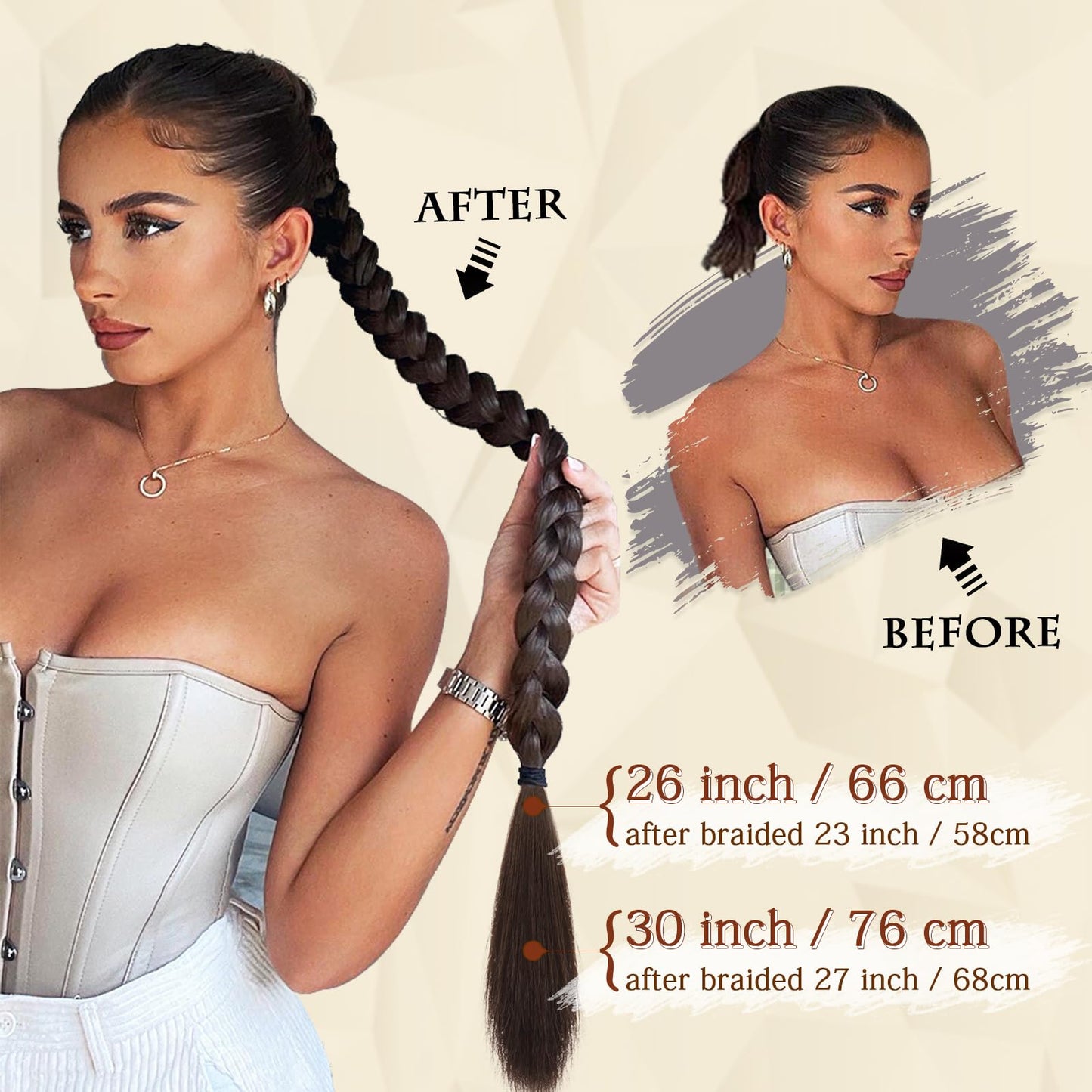 SOFEIYAN Long Braid Ponytail Extension with Hair Tie Straight Sleek Wrap Around Hair Extensions Braid Pony Tail Fluffy Natural Soft Synthetic Hairpieces for Women Daily Wear, 26 inch-Black Brown
