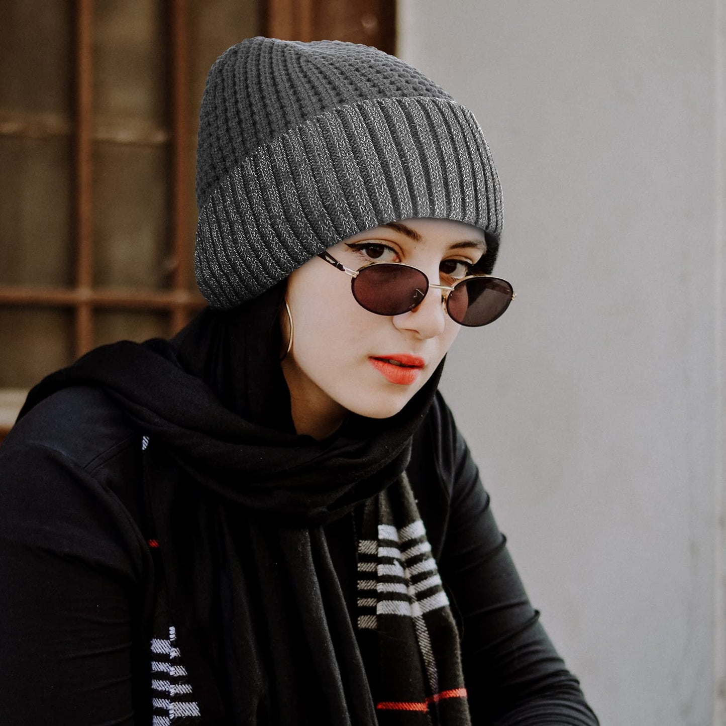 Achiou Winter Reflective Beanie Hat for Men Women, Warm Cuffed Winter Knit Hat Cap for Running Outdoor Sports High Visibility Grey