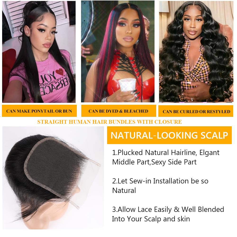 QTHAIR 14A Grade Brazilian Straight Human Hair Bundles with Closure(14" 16" 16"+12"Free Part Lace Closure,Natural Black) 100% Unprocessed Brazilian Virgin Hair Extensions for All Women