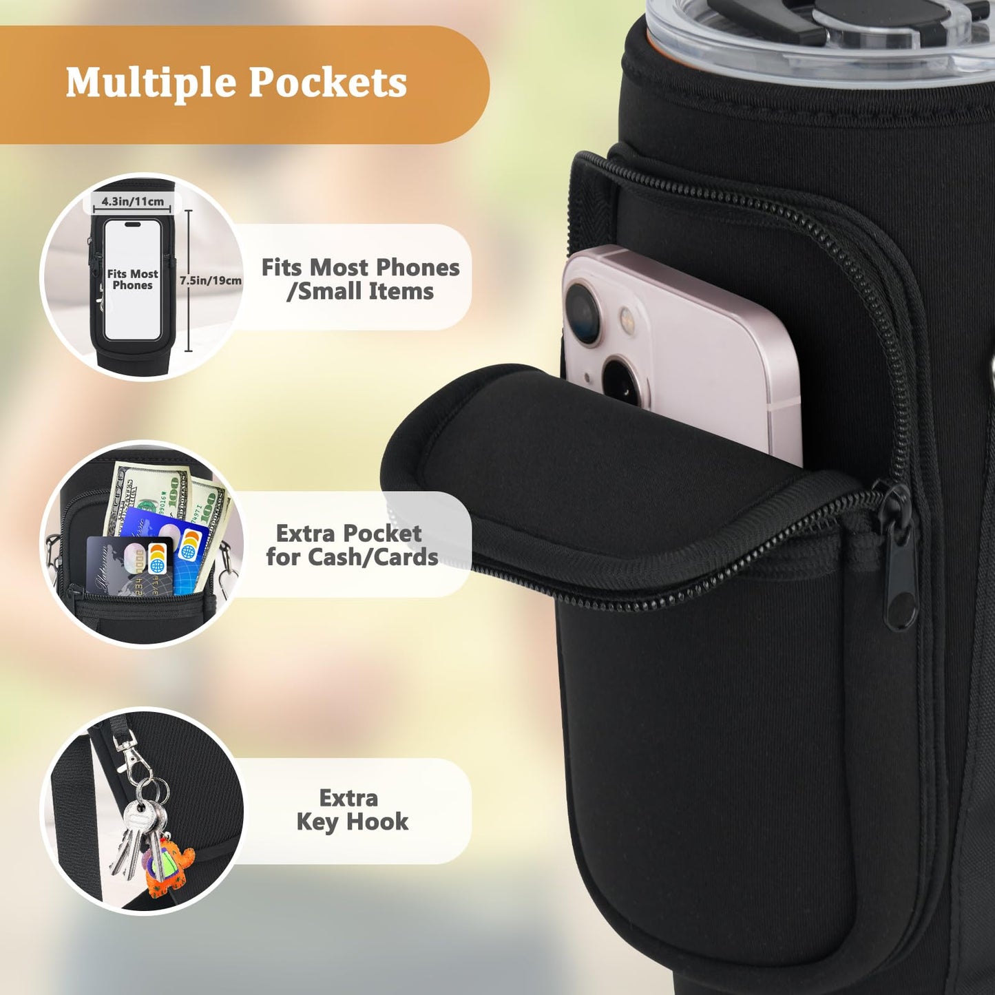 Water Bottle Carrier Bag with Phone Pocket Compatible with Stanley/Meoky 40 oz Tumbler with Handle,Neoprene Water Bottle Holder Pouch with Adjustable Strap Compatible with Stanley Cup Accessories