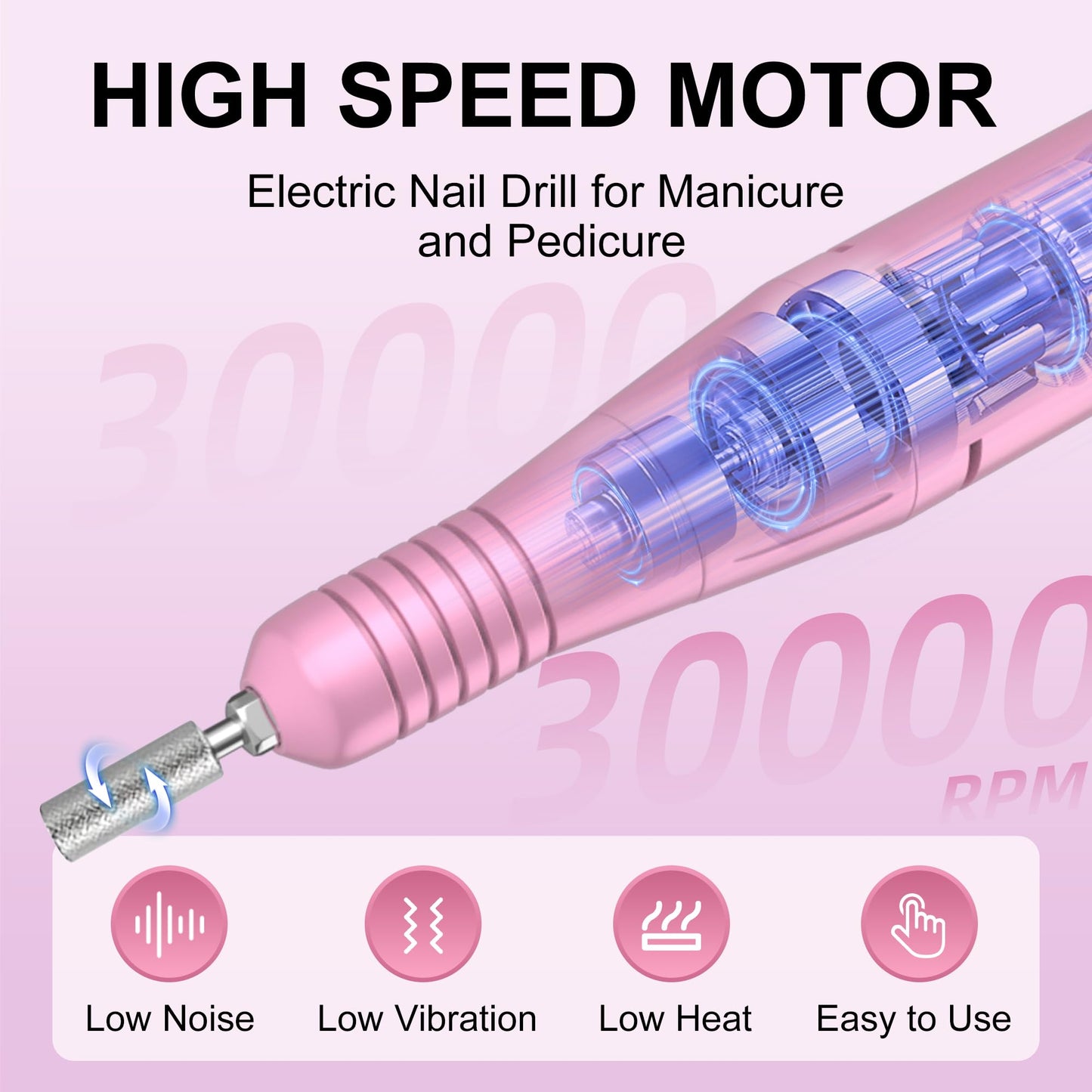 Professional Electric Nail Drill File:COSYGLOW Glitter Portable Cordless E-File Nail Drill Kit with 11 Nail Drill Bits,30000 RPM Rechargeable Nail Drill Machine for Acrylic Nails Gel Polishing(Pink)