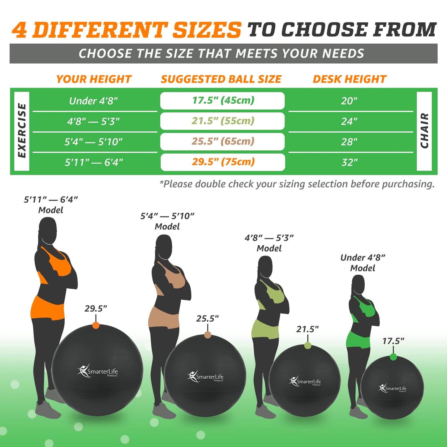 SmarterLife Workout Exercise Ball for Fitness, Yoga, Balance, Stability, or Birthing, Great as Yoga Ball Chair for Office or Exercise Gym Equipment for Home, No-Slip Design (45 cm, Black)