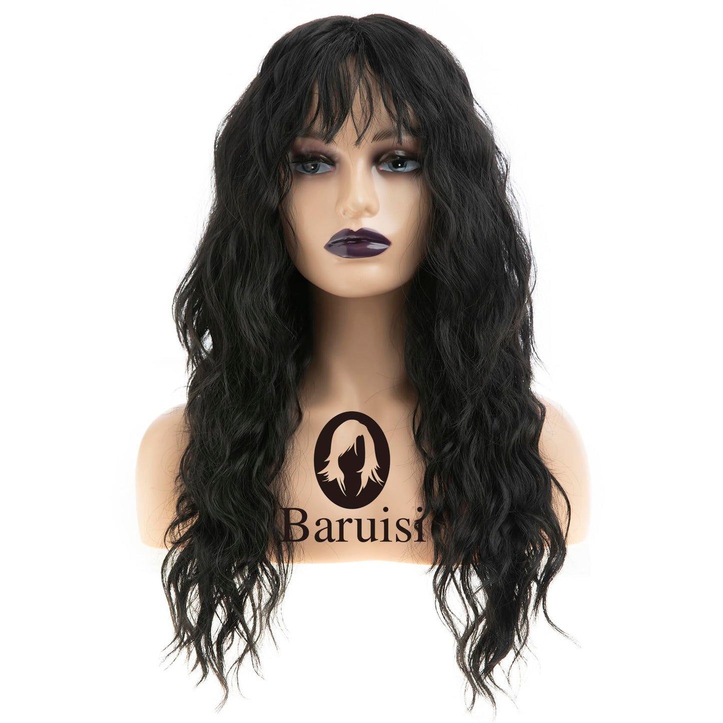 Baruisi Long Curly Wavy Women Wig with Bangs Synthetic Halloween Cosplay Party Hair Replacement Wig,Black