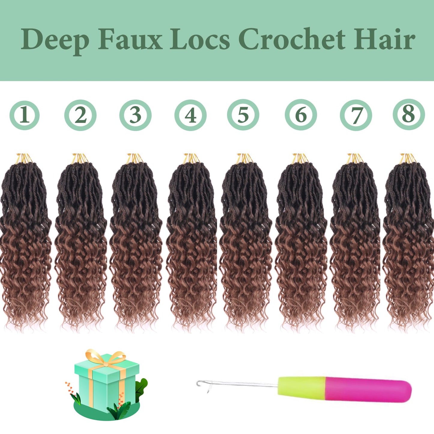 Deep Faux Locs Crochet Hair 14 Inch 8 Packs Goddess Locs Crochet Hair Pre Looped Curly Crochet Hair for Black Women Soft Locs Crochet Braids with Curly Ends (Black mixed Dark Brown)