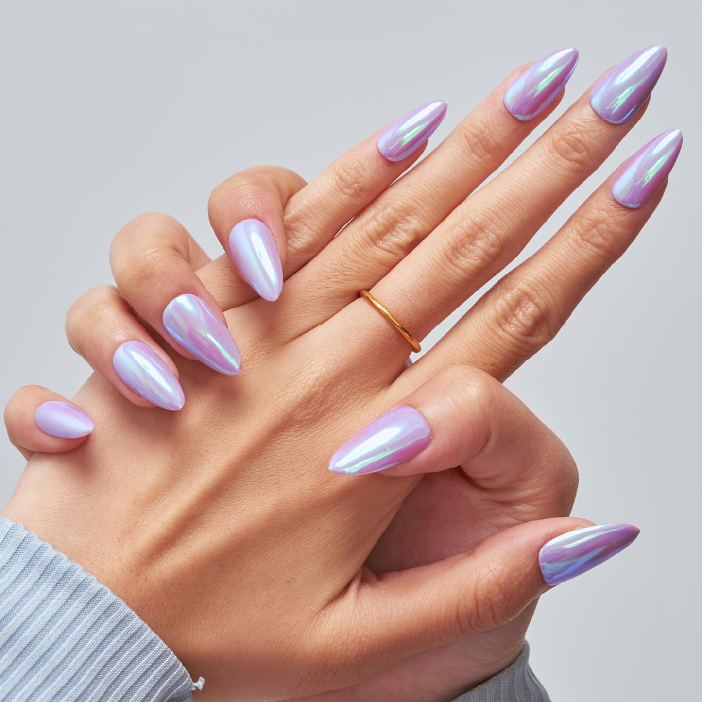 GLAMERMAID Metal Purple Press on Nails Medium Almond, Pure Chrome Glazed Mirror Jelly Soft Gel Fake Nails Stiletto, Glossy Glue on Nails Short Oval, Reusable Acrylic Stick on False Nails Kit for Women