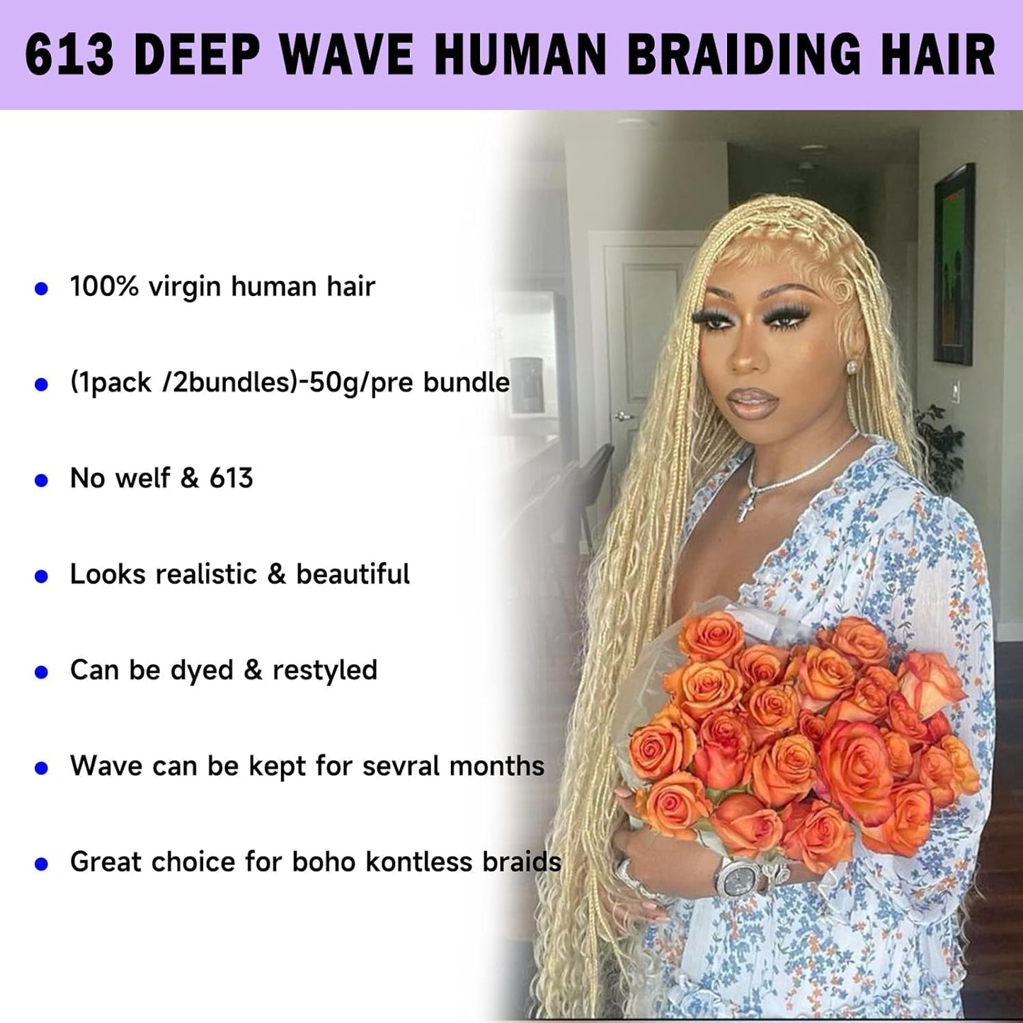 613 Blonde Human Braiding Hair 2 Bundle 100g 22 Inch Deep Wave Bulk Hair for Braiding Unprocessed Brazilian Virgin Curly Human Hair Extensions for Boho Braids Wet and Wavy