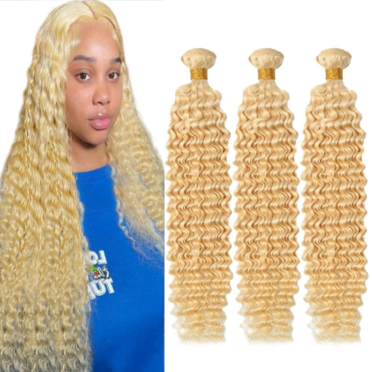 613 Blonde Deep Wave Human Hair 16inch 3 Bundles 613 Blonde Deep Wave Bundles Human Hair Bundlles 613 Bundles Blonde Bundles Brazilian Unprocessed Virgin Hair Wet and Wavy Human Hair Extensio