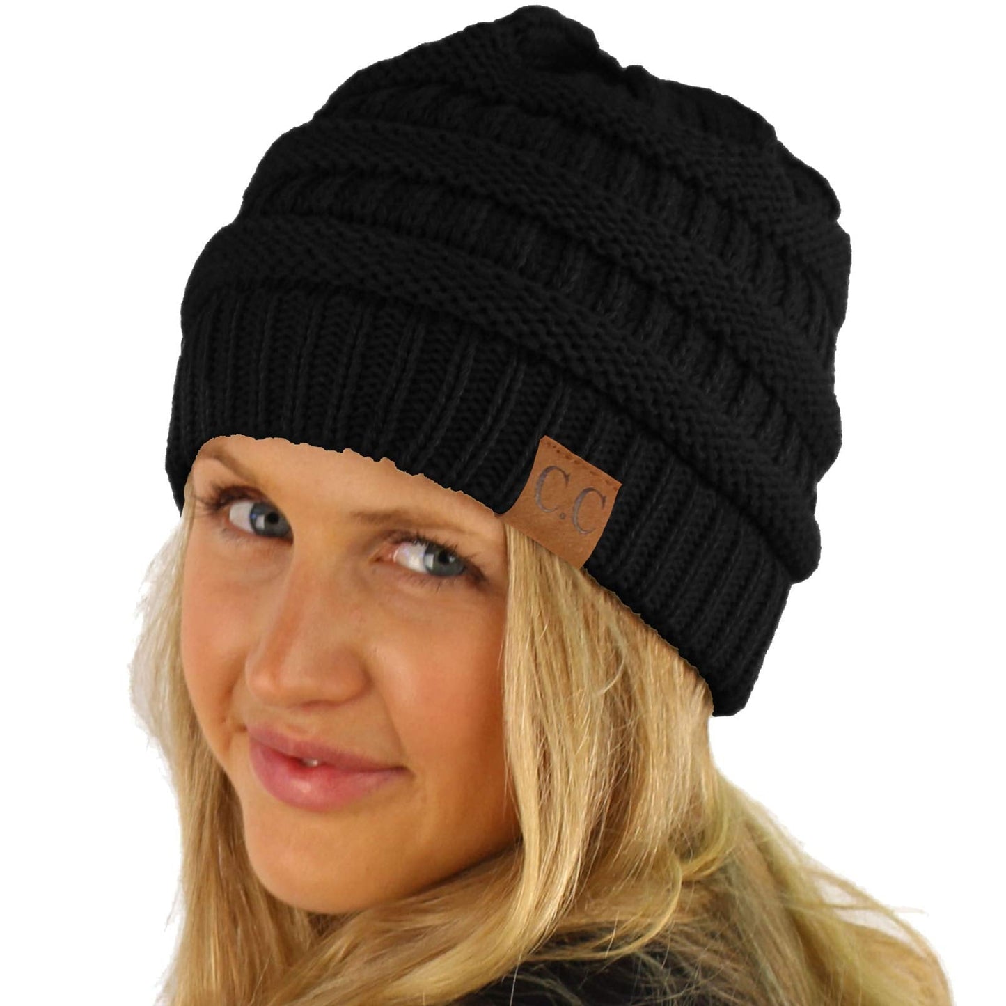 C.C Fleeced Fuzzy Lined Unisex Chunky Thick Warm Stretchy Beanie Hat Cap Solid Black by SK Hat Shop