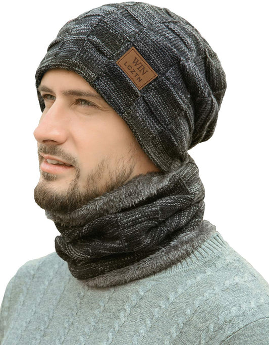 LCZTN Mens Winter Beanie Hat Scarf Set Warm Fleece Lined Knit Ski Hats Slouchy Skull Cap for Unisex Gift (Black)