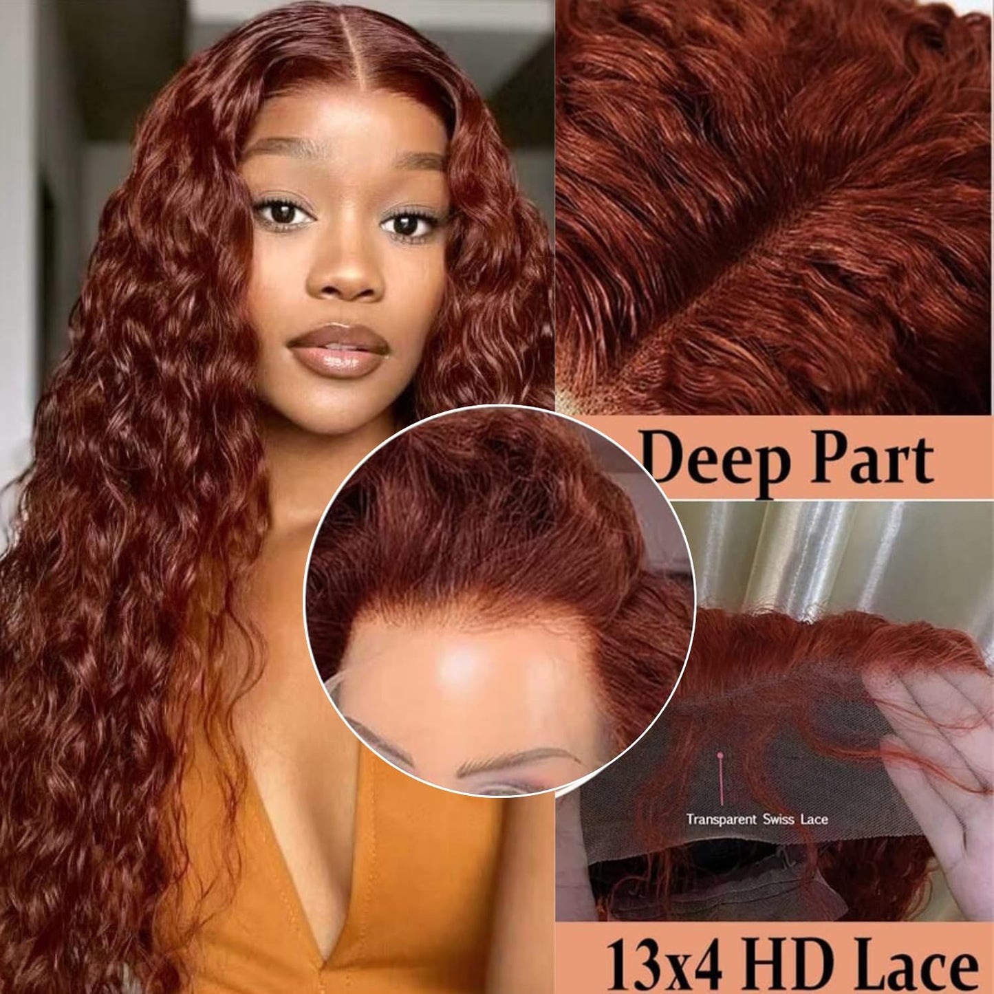 AAKJJ Reddish Brown Deep Wave Lace Front Wigs Human Hair 13x4 HD Transparent Lace Front Wigs for Women Copper Auburn Colored Human Hair Wig Glueless Pre Plucked with Baby Hair 200 Density 24 Inch