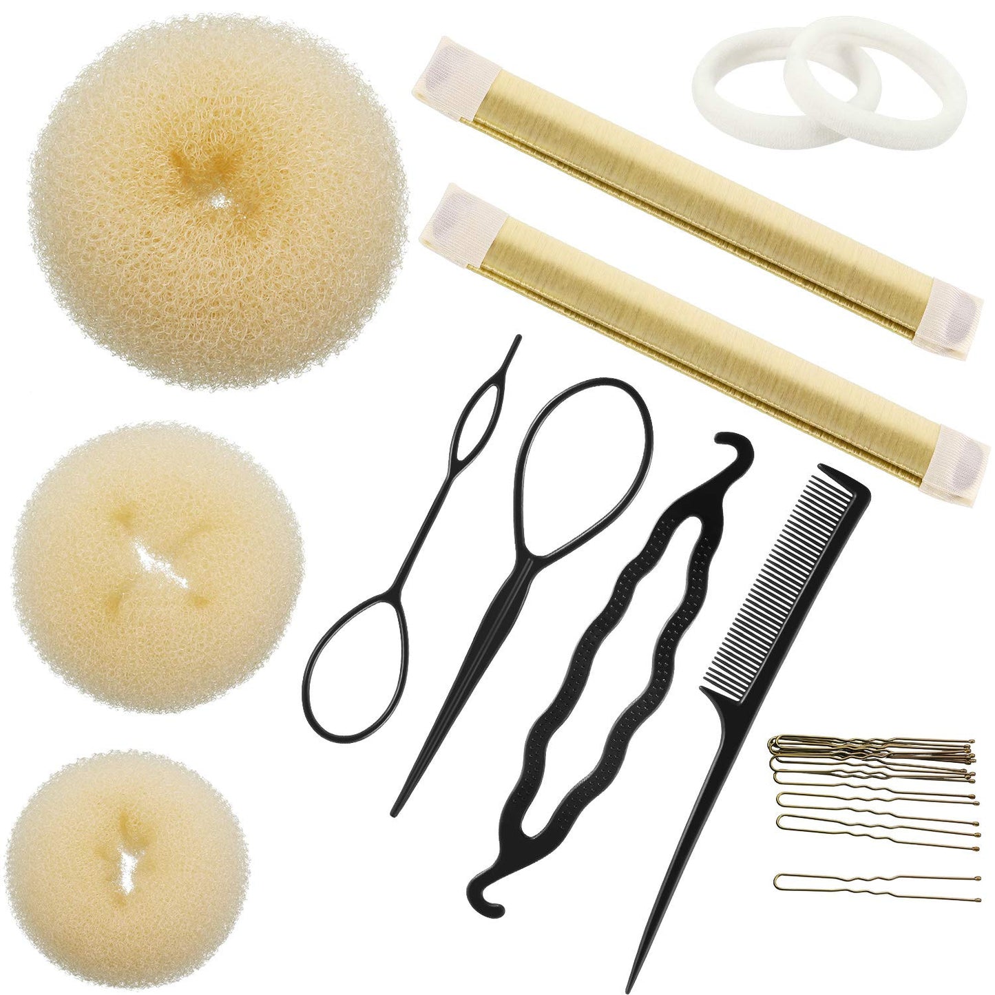 Hair Bun Maker Kit, Includes Donut Shapers, Bun Markers, Ponytail Tools, Bobby Pins, and Elastic Bands for Women and Kids (Beige)