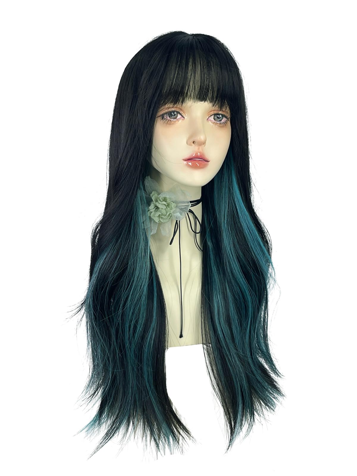 WKLOUYHE Long Wavy Wig for Women Synthetic Curly Wig with Bangs Fibre Cosplay Wig for Girls Daily Use Colorful Wigs (Black+Blue)