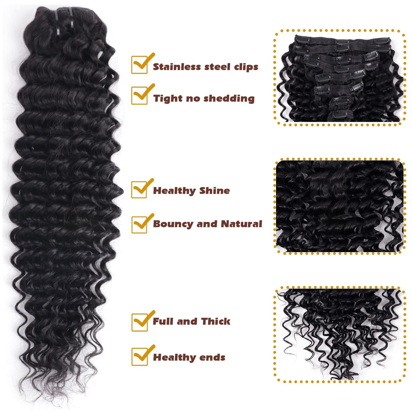 Tahikie Deep Wave Clip ins Human Hair Extensions for Women 8Pcs Deep Wave Clip in Hair Extensions Real Human Hair Thick to Ends with 18Clips Double Weft 120g (14 inch, #Natural Color)