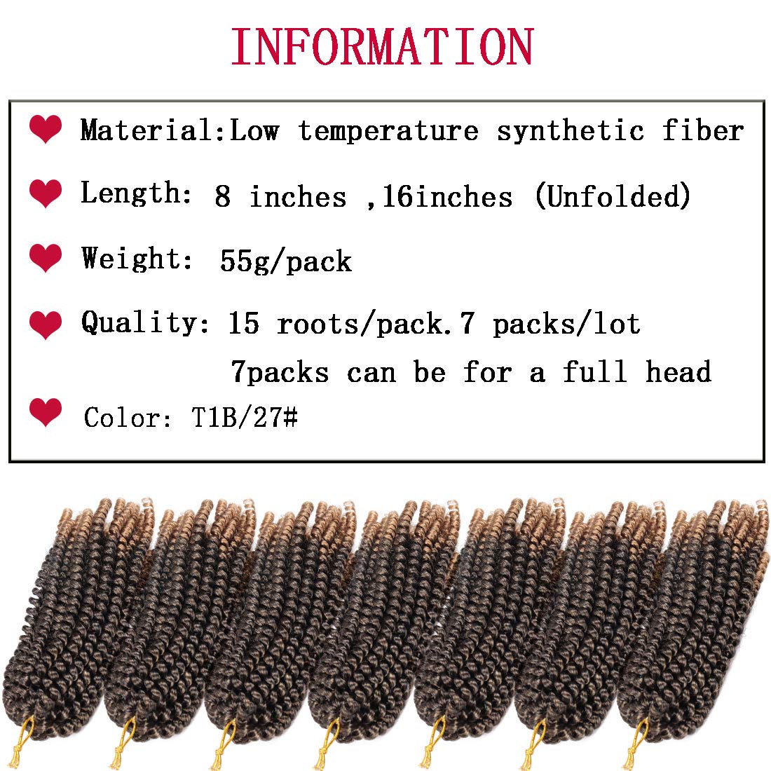 7 Packs Spring Twist Braiding Hair Spring Twists Bomb Twist Hair Synthetic Fiber Fluffy Twist Crochet Braids Low Temperature Fiber Crochet Hair for Women Braiding Hair (8inch,T1B/27)