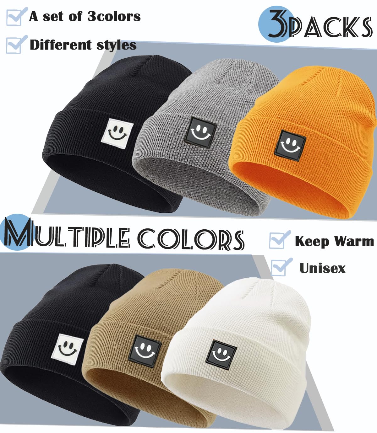 KMOLY Beanie Hat for Men Women 3 Packs, Thick Knit Winter Hat Soft Warm Cuffed Beanies Bulk Skull Cap Unisex Slouchy Ski Watch Cap