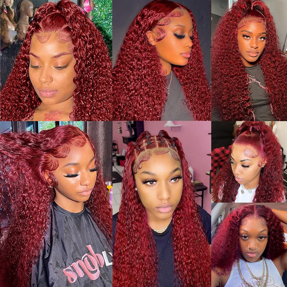 200 Density Curly Burgundy Lace Front Wigs Human Hair 13x4 99J Red Curly Lace Front Wig Human Hair HD Transparent Frontal Wig Colored Pre Plucked with Baby Hair Glueless Wigs (24 Inch, #99J Curly)