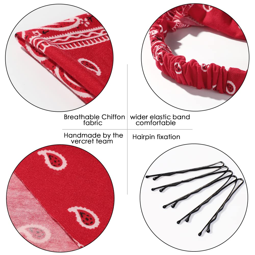 6 Pack Hair Scarf Headband for Women - Elastic Hair Kerchief Large Boho Triangle Bandana Head Scarf with Clips Non Slip Paisley Print Headbands Hair Scarves for Teen Girls