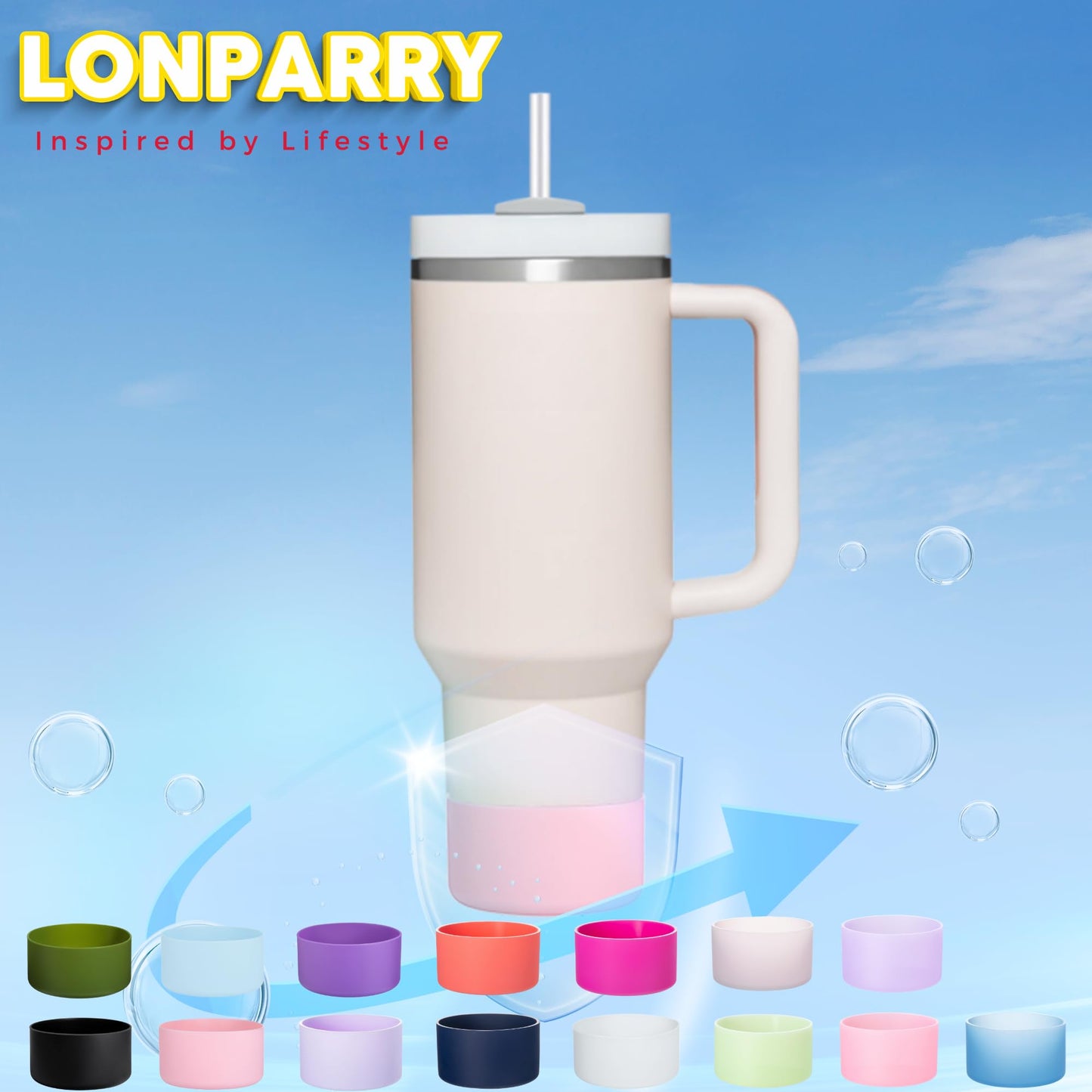 LONPARRY 4-Pack Boot for Stanley Tumbler 40 30 oz Bottom Sleeve Protector for Stanley Cup Quencher H2.0 Stanley IceFlow 30oz Silicone Sleeve for Stanley Bottom Anti-Slip Bottom Sleeve 2Clear+2Fog