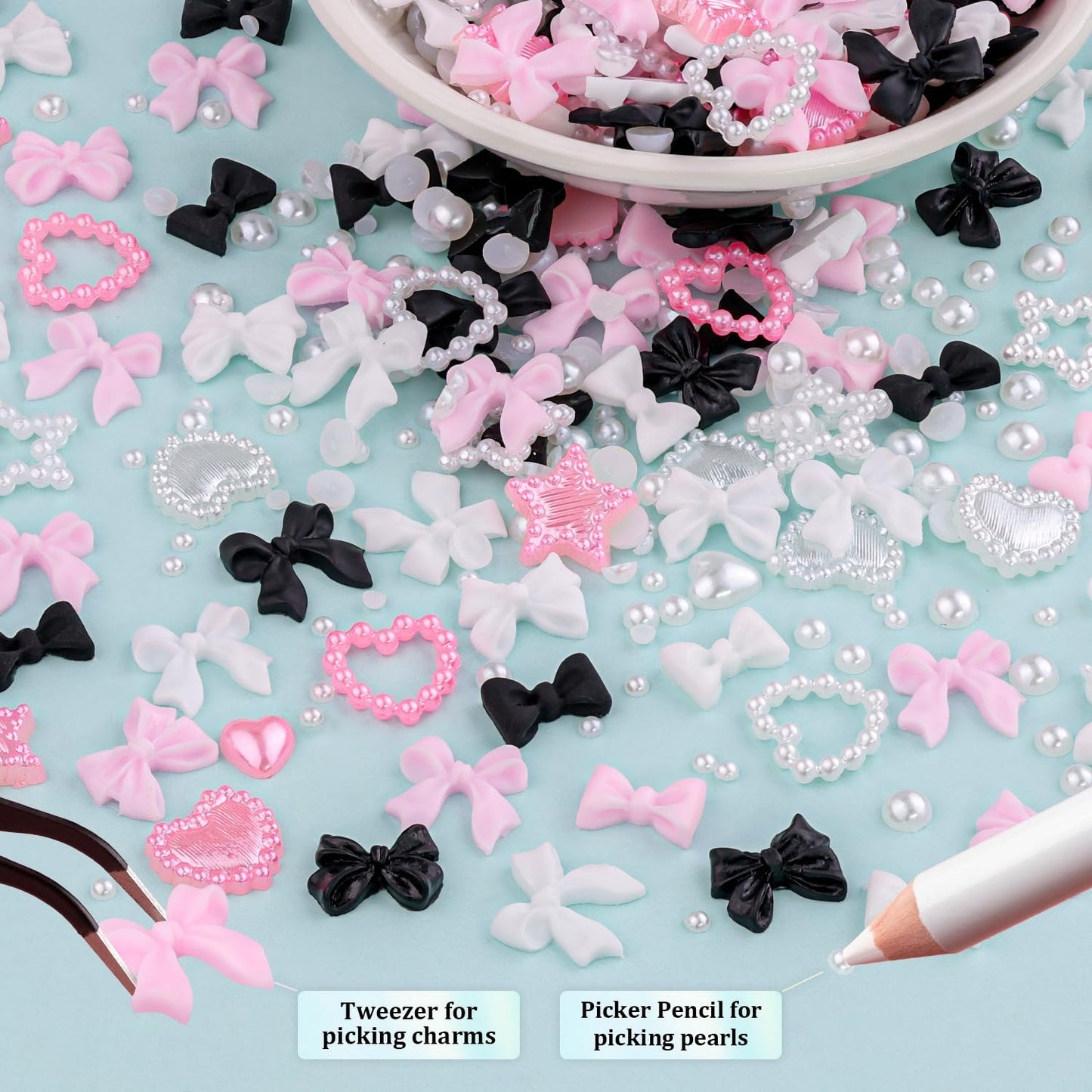 3D Nail Charms and Flatback Pearls #2, 600 Pcs Pink White Black Multi Styles Bowknot Charms + Pink&White Star Heart Nail Jewels + 2-6mm White Nail Pearls for Nail Art Design with Pickup Tools