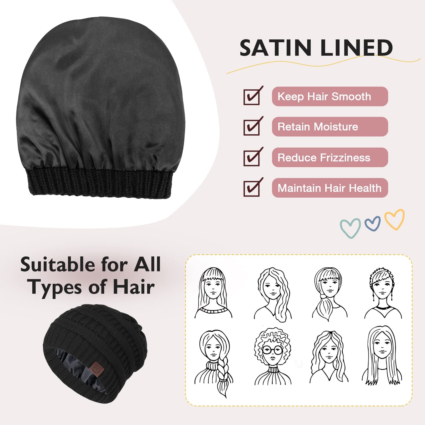 Zando Womens Beanie Hats for Women Men Satin Lined Beanie for Women Warm Winter Hats for Women Unisex Slouchy Beanies for Women knit Beanie Thick Womens Beanies for Winter Black & Black Yarn Hat