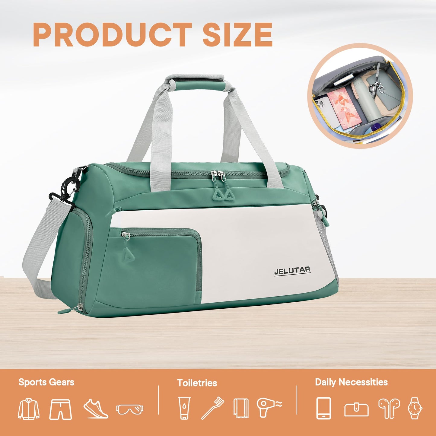 Gym Duffle Bag for Women - JELUTAR Small Carry on Travel Tote Bags Weekender Bags for Personal Item/Sports Gear with Shoe Compartment&Wetproof Pocket (Green/Beige)