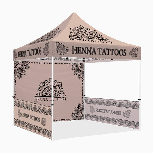10x10 Henna Tattoo Themed Pop Up Canopy Tent, Dye-Sub Printed Artists Tent for Natural Henna Body Art and Face Painting Heavy Duty with Roller Bag, Back Wall, Sidewalls and Rails