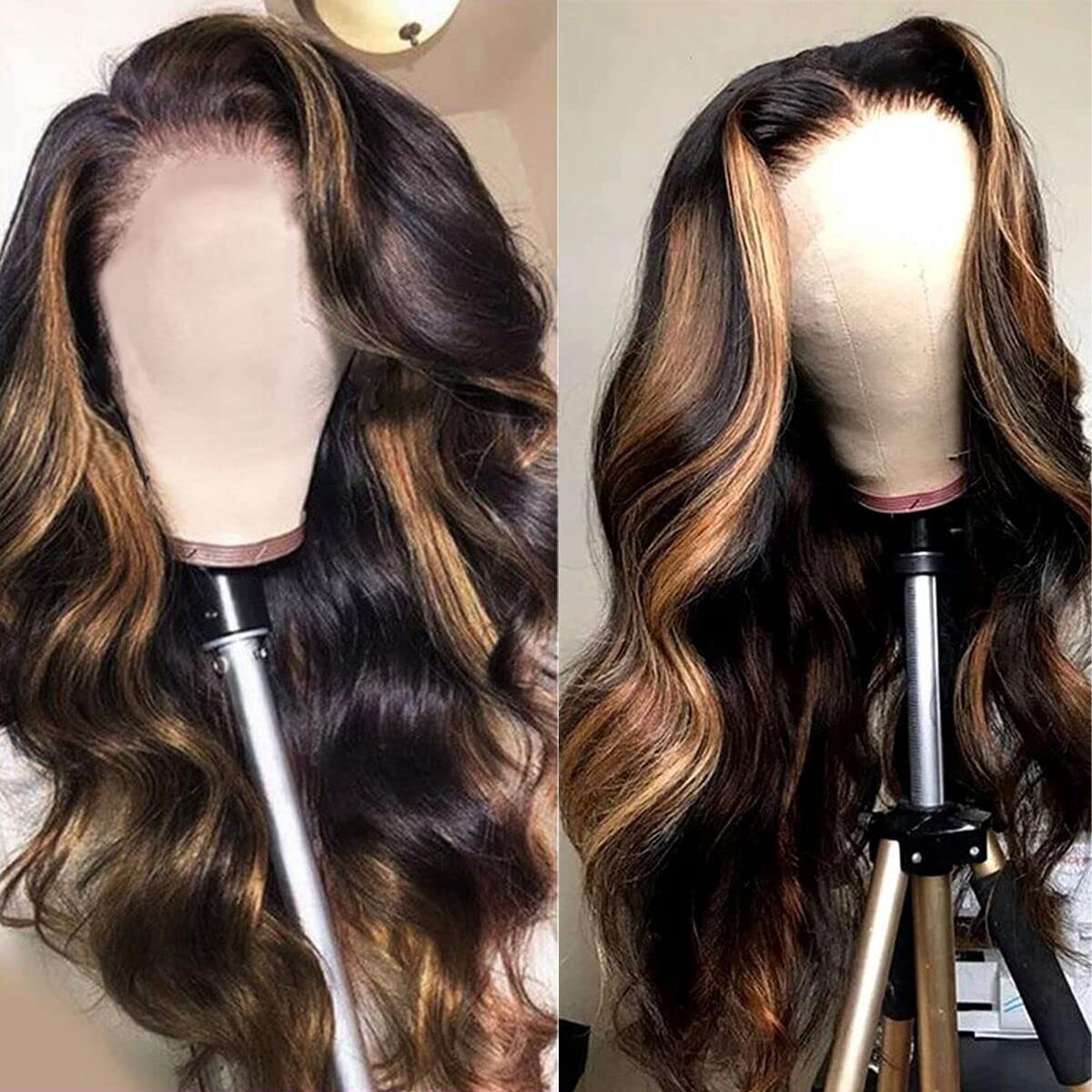 haha Body Wave Ombre Lace Closure Wig Human Hair 1B/30 Brown Highlight Lace Front Wig 4x4 Honey Blonde Highlight Wig Human Hair Glueless Pre Plucked Bleached Knots 150% Density Balayage 14 Inch