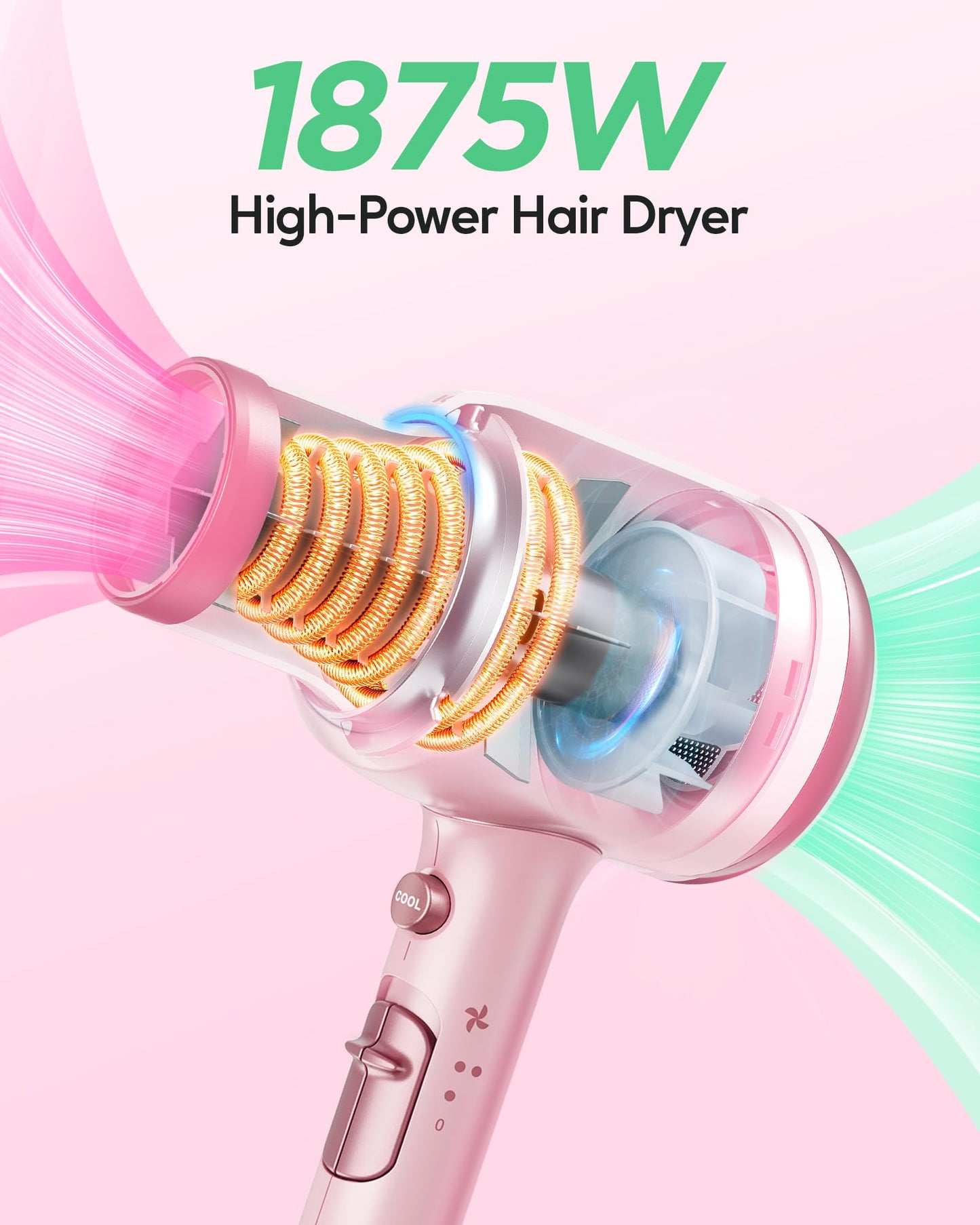 Wavytalk Hair Dryer with Diffuser, Blown Away Ionic Blow Dryer for Curly Hair with Comb, 1875W Fast Drying Hair Dryer with Ceramic Technology, 3 Attachments for All Hair Types, Light and Quiet, Pink