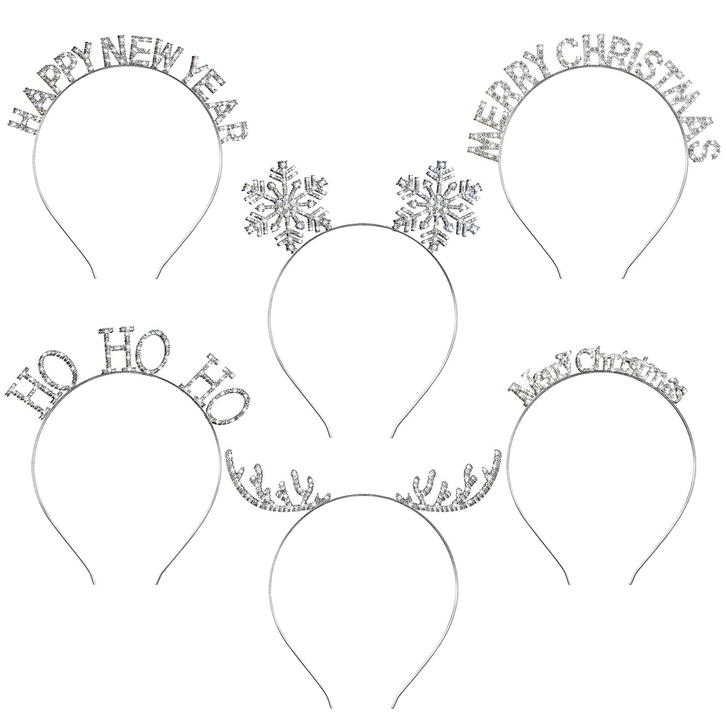 Yunlly 6 Pcs Christmas Headbands Set Rhinestone Xmas Headbands Snowflake Cute Reindeer Antler Hairbands Happy New Year Headband Tiara Crystal Merry Christmas Headpiece Accessories for Women(Silver)