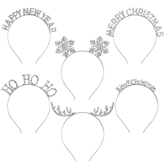 Yunlly 6 Pcs Christmas Headbands Set Rhinestone Xmas Headbands Snowflake Cute Reindeer Antler Hairbands Happy New Year Headband Tiara Crystal Merry Christmas Headpiece Accessories for Women(Silver)