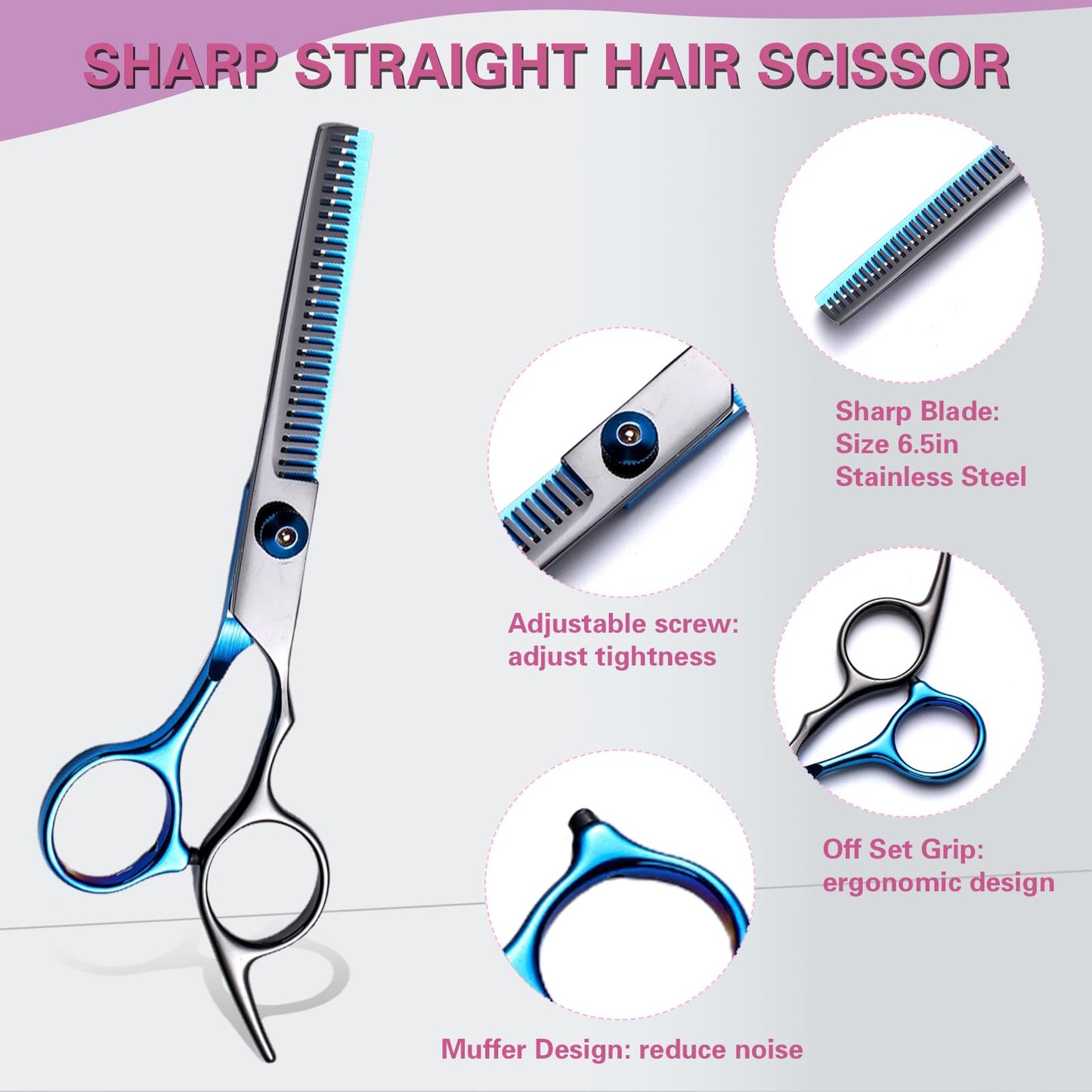 Hair Cutting Scissors Kit 11PCS, Hair Scissors Professional Haircut Scissors with Stainless Steel Hair Shears, Thinning Shears, Haircut Accessories in Leather Case for Salon/Home (Black - Blue)