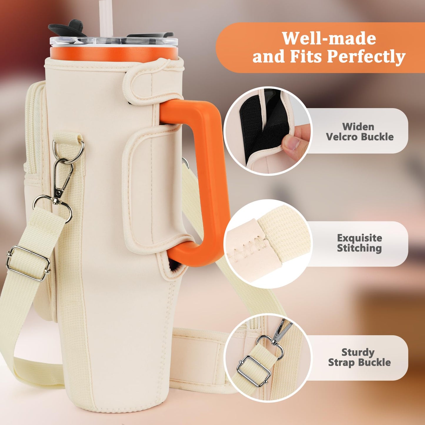 Water Bottle Carrier Bag with Phone Pocket Compatible with Stanley/Meoky 40 oz Tumbler with Handle,Neoprene Water Bottle Holder Pouch with Adjustable Strap Compatible with Stanley Cup Accessories
