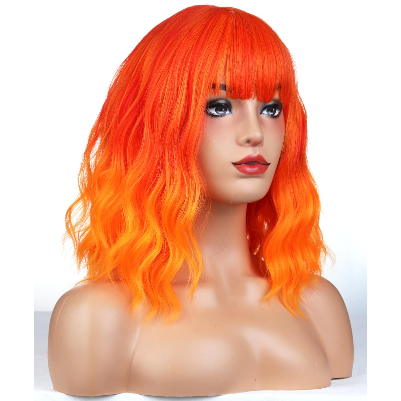 MAGQOO Orange Wig Orange Ombre Flame Fire Wig with Bang Women Girls Short Curly Wavy Neon Orange Hair Wig Synthetic Cosplay Costume Wigs(Orange Ombre)