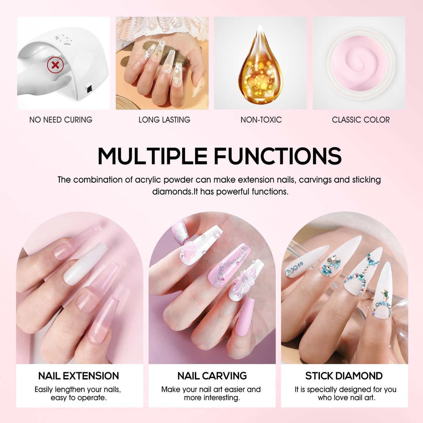 Acrylic Nail Kit for Beginners 4Pcs Acrylic Powder 12 Candy Color Glitter Powder Professional Nail Kit Acrylic Set Nail Art Rhinestones 200Pcs Nail Tips Full Nail Supplies DIY Home