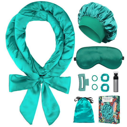 Gwabee Satin Heatless Curls Overnight Hair Curlers to Sleep In Hair Curler Rollers No Heat Hair Wrap for Curls Headband, 70" Satin Heatless Curling Set for Women Long Waves Hair Volume -Green 10 PCS