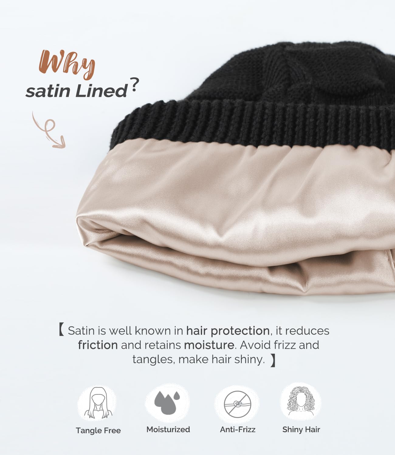 Hat Hut Womens Beanie Satin Lined Beanie Winter Hats for Women Men, Silk Lined Slouchy Beanie Hats Soft Warm Ski Hat Unisex (US, Alpha, One Size, Pure Black)