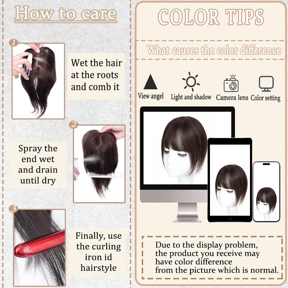 Hair Toppers for Women Real Human Hair, 3D Cover Clip in Bangs Realistic Scalp Line Human Hair Toppers for Women with Thinning Upgrade Basement with Wispy Bangs (Mocha Brown, French)
