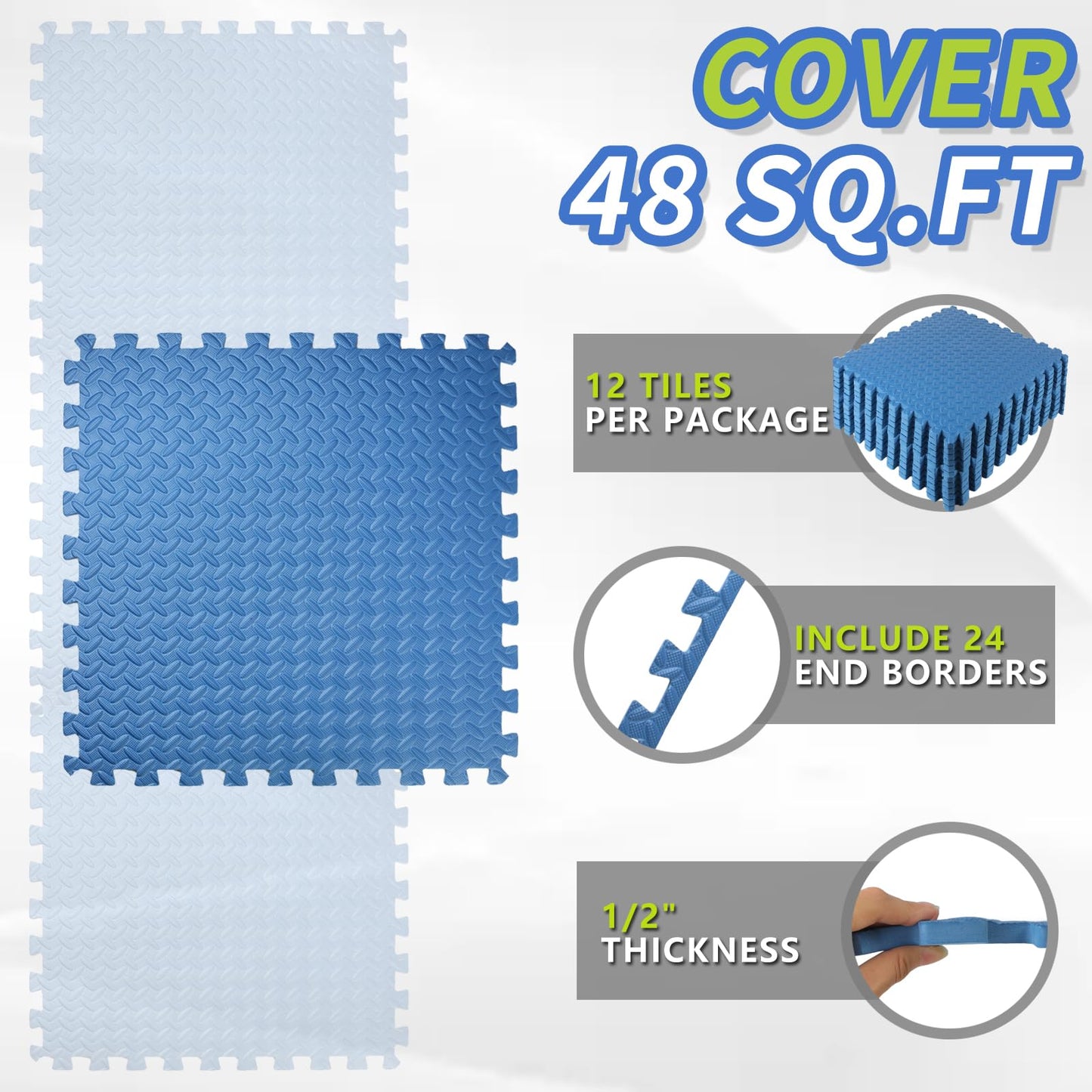 Puzzle Exercise Mat ½ in Thickness, 24'' x 24'' EVA Foam Floor Tiles, 12 Tiles Protective Flooring Mats Floor Interlocking Foam Gym Floor Mats for Home Gym Equipment Covers 48 SQ FT, Blue