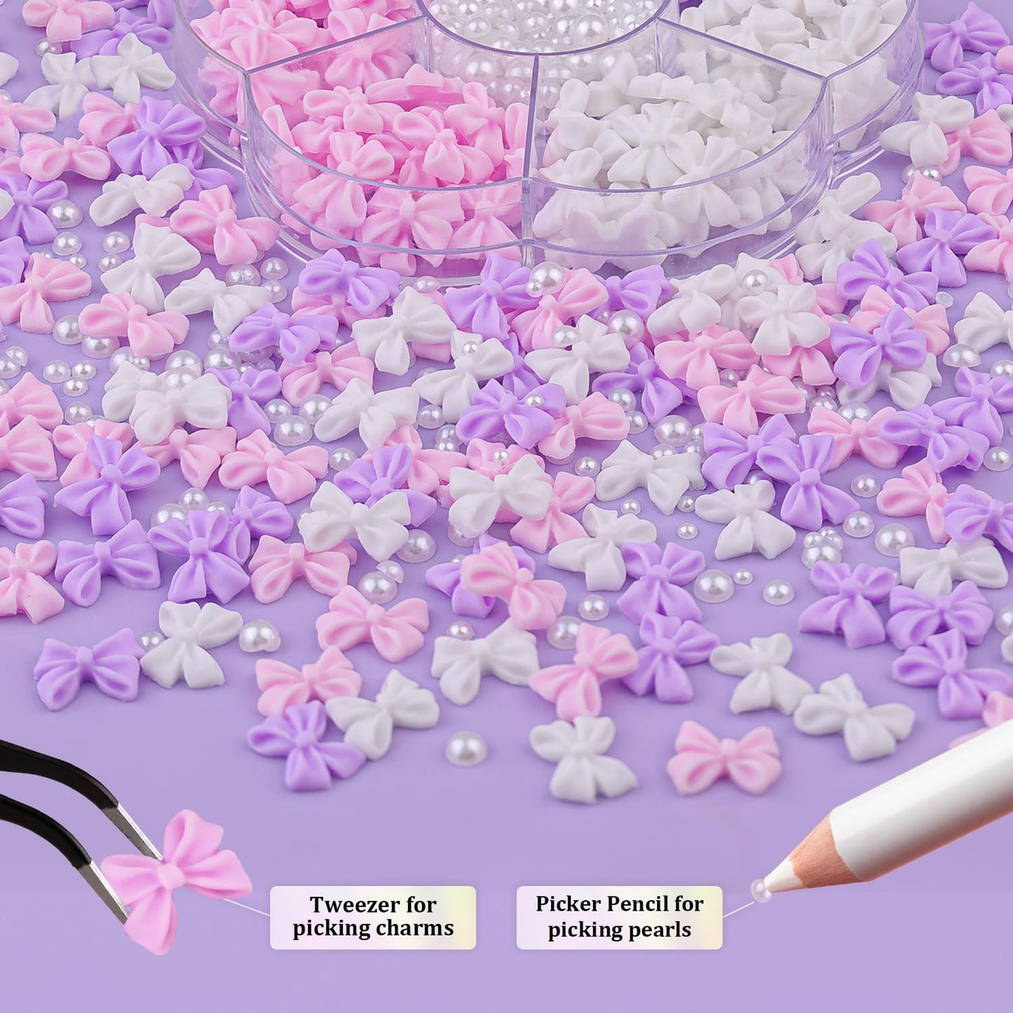 120 Pcs 3D Bow Charms + 2-4mm Nail Pearls - Pink White Lilac Bows & White Flatback Pearls with Glue Gel (UV Needed) & Pickup Tools