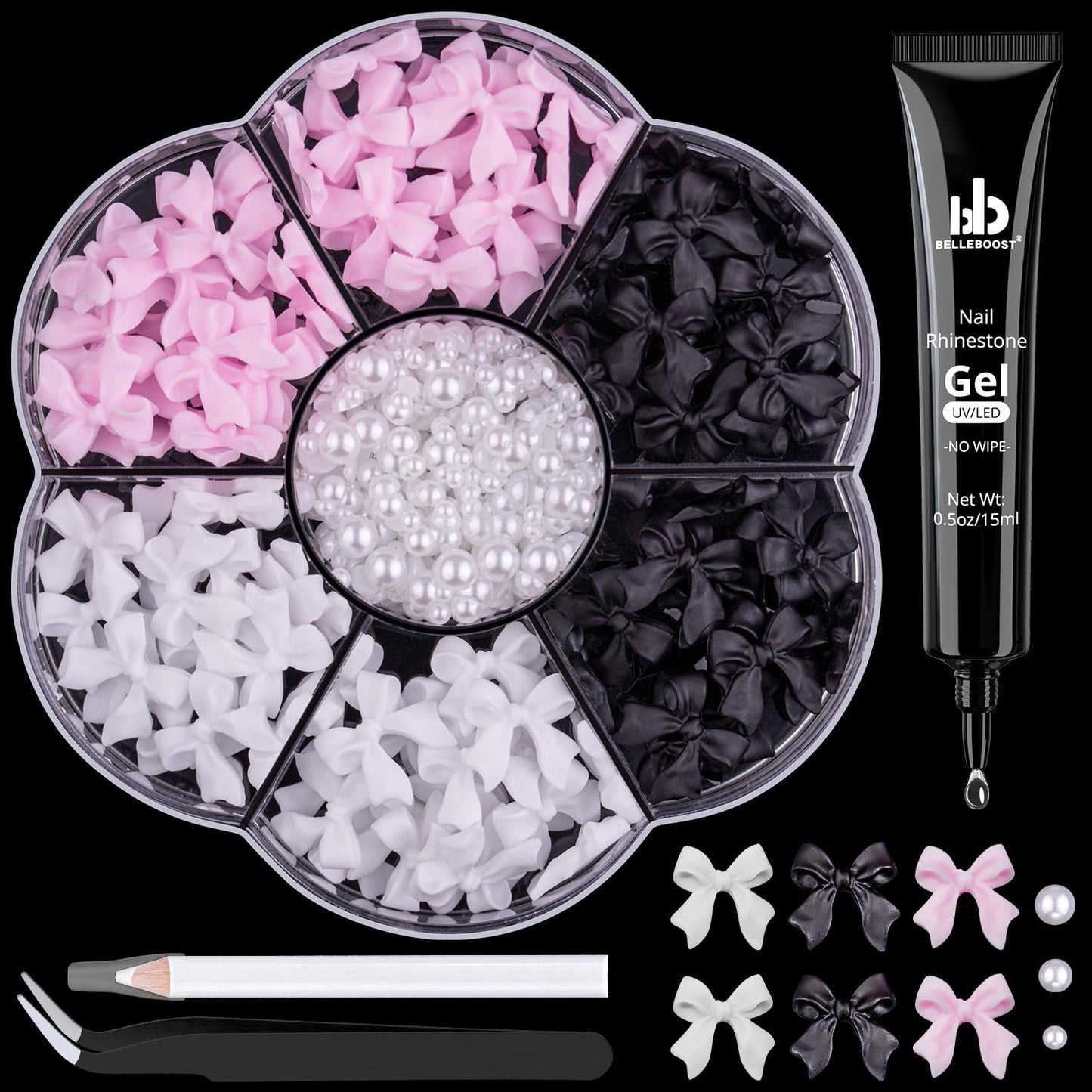 120pcs 3D Nail Bow Charms & Pearls Set - Pink, White, Black Bow Charms & White Flatback Pearls with Glue Gel (UV Needed) & Pickup Tools