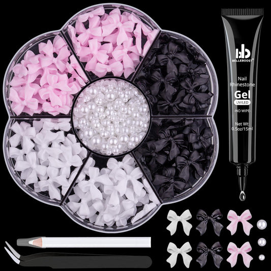 120pcs 3D Nail Bow Charms & Pearls Set - Pink, White, Black Bow Charms & White Flatback Pearls with Glue Gel (UV Needed) & Pickup Tools
