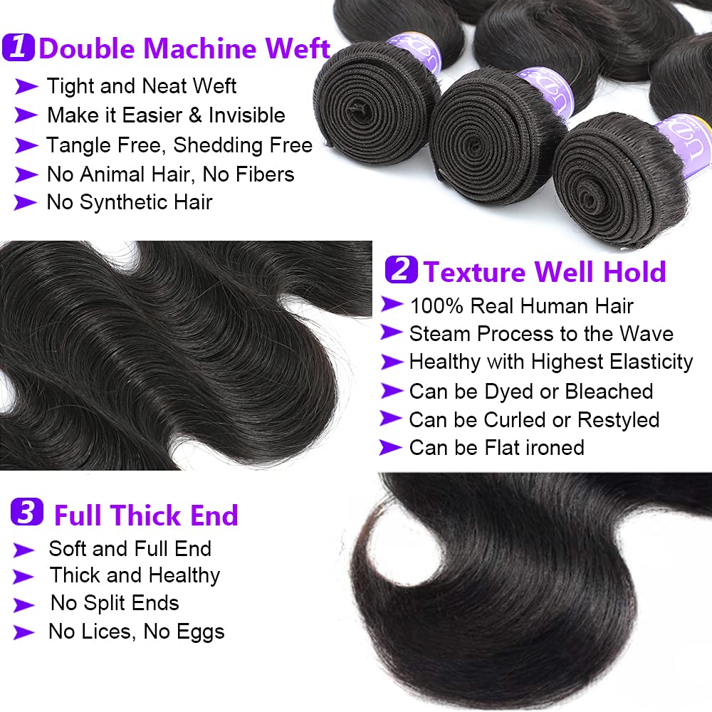 UDesire 12A Grade Brazilian Body Wave Human Hair Bundles Weave Hair Human Bundles Brazilian Virgin Hair For African Americans Women 3 Bundles Total 300g/10.5oz 16 18 20inch